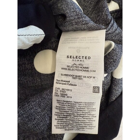 Selected Homme Mens Regular Fit Dotted Shirt~Size 15~Black Print Short Sleeve - Picture 8 of 9